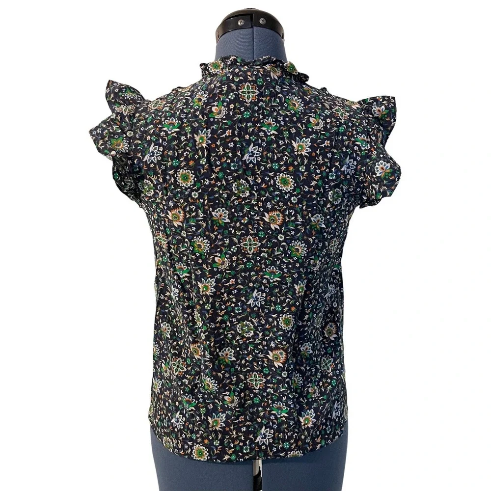 Tory Burch Silk Navy Floral Flutter Cap Sleeve Top Prairie Peasant Preppy Y2K 0